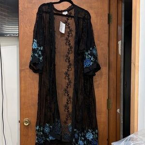 LuLaRoe Black Lace Kimono with Blue Floral Accents
